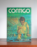 Vintage Contigo board game box on a wooden surface against a light gray background. The box features a retro illustration of a man playing with colorful geometric pieces on a teal background, with the brand name 'CONTIGO' in large white letters at the top.