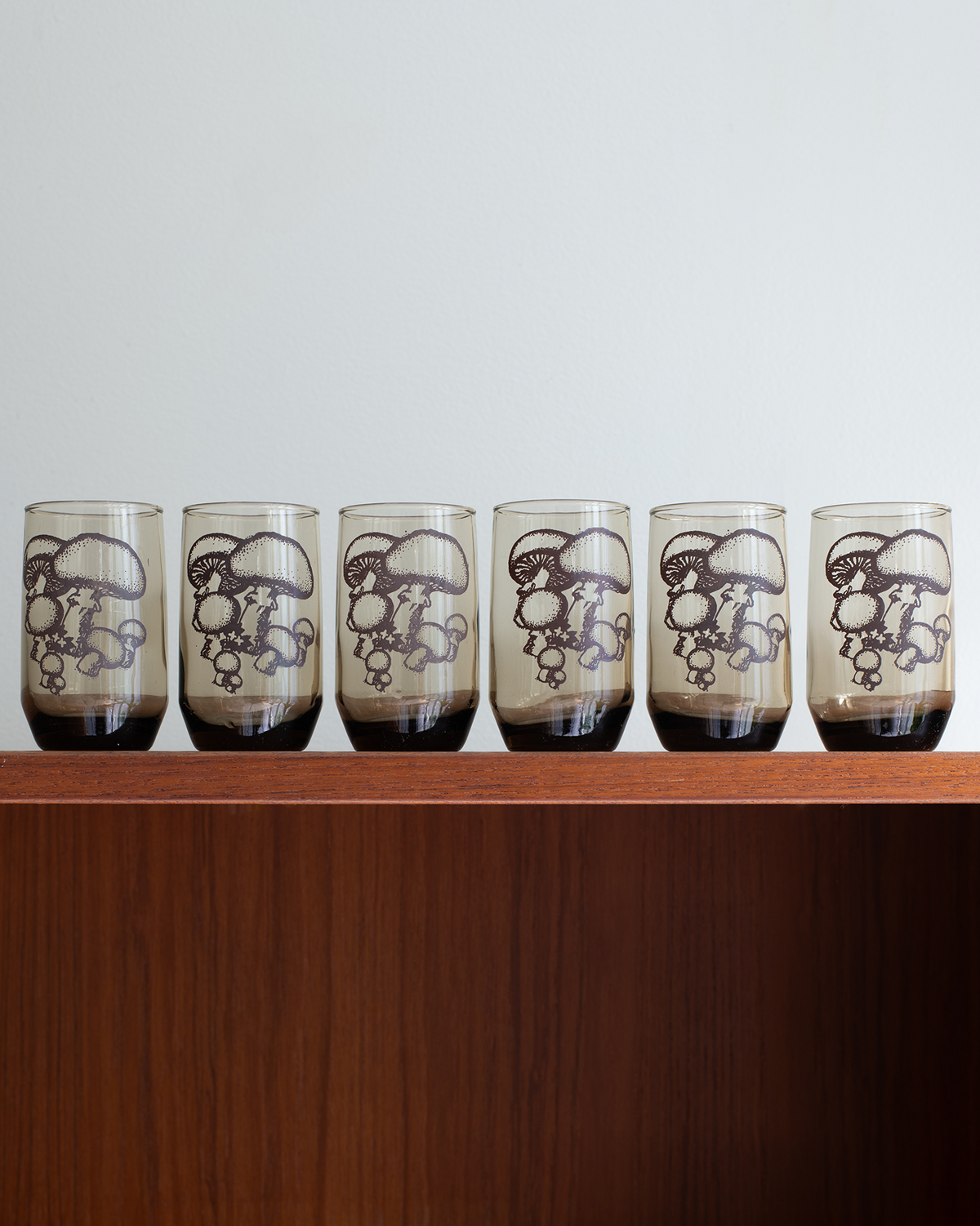Six clear glasses with a dark brown gradient base and a black mushroom illustration, lined up on a wooden shelf against a light gray wall.