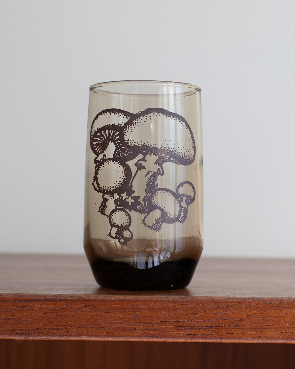 A translucent smoky-tinted glass tumbler with a dark brown mushroom illustration on the front, resting on a wooden surface against a light gray background.