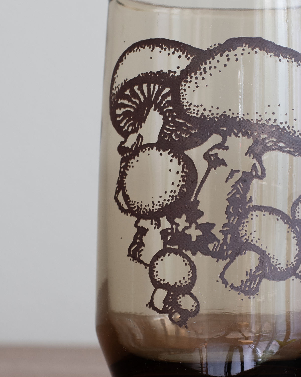 Close-up of a translucent smoky-tinted glass with a dark brown mushroom illustration printed on the side, photographed against a soft light gray background.